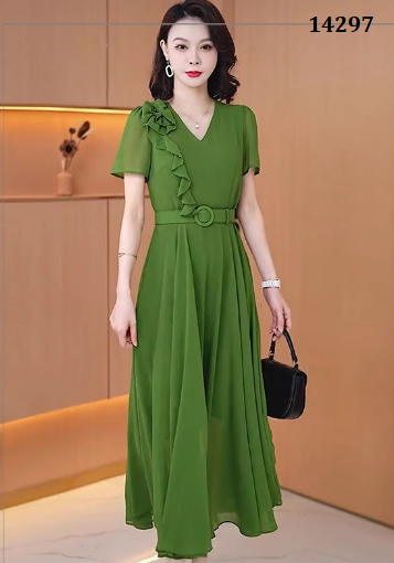 14297-Đầm voan xanh lá bèo chéo kèm nịt ( voan, lót)_thumbnail_1