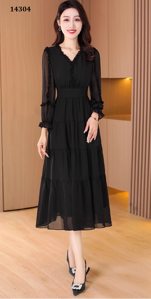 14304-Đầm voan đen tay dài nhún viền  (voan, lót) _thumbnail_0