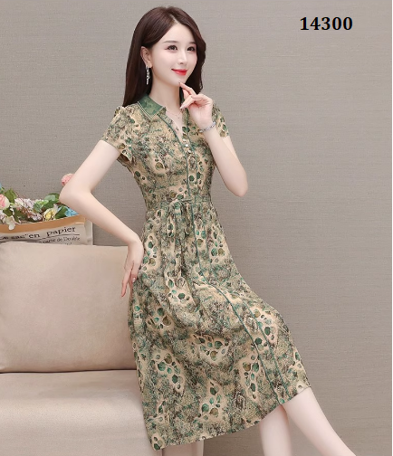 14300-Đầm suông A in hoa  viền  xanh kèm thắt eo (lụa mango)_thumbnail_2