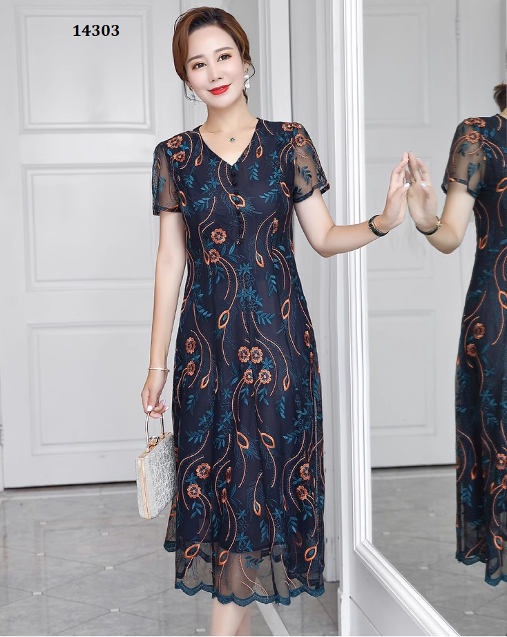 14303-Đầm suông A in hoa lá xanh nâu (voan in, lót) _thumbnail_0