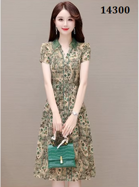 14300-Đầm suông A in hoa  viền  xanh kèm thắt eo (lụa mango)_thumbnail_1
