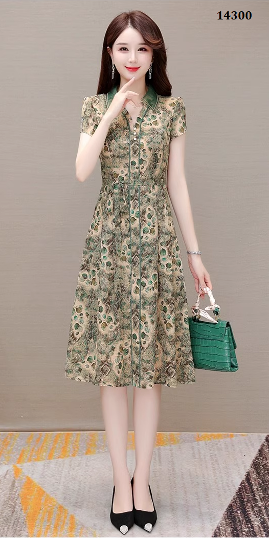 14300-Đầm suông A in hoa  viền  xanh kèm thắt eo (lụa mango)_thumbnail_0
