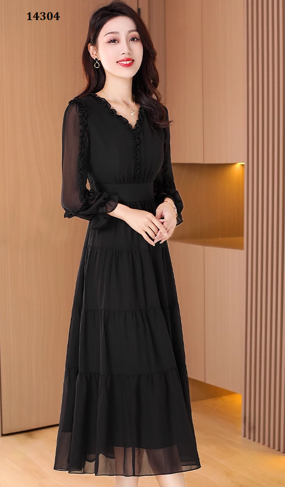 14304-Đầm voan đen tay dài nhún viền  (voan, lót) _thumbnail_1