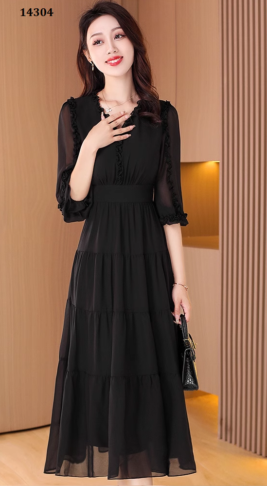14304-Đầm voan đen tay dài nhún viền  (voan, lót) _thumbnail_2