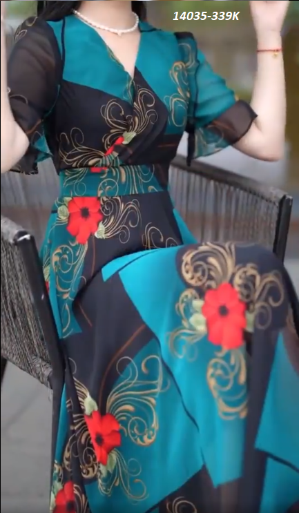 14035-Đầm voan dài cổ tim tay loe in hoa xanh (voan in, lót)FREESHIP_thumbnail_1