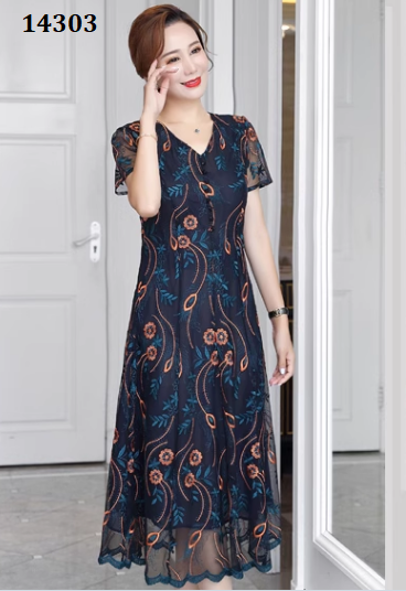 14303-Đầm suông A in hoa lá xanh nâu (voan in, lót) _thumbnail_1
