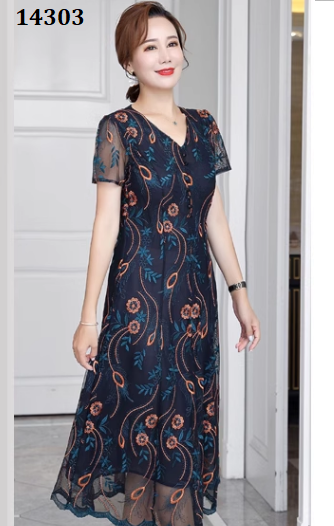 14303-Đầm suông A in hoa lá xanh nâu (voan in, lót) _thumbnail_2