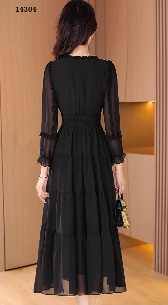 14304-Đầm voan đen tay dài nhún viền  (voan, lót) _thumbnail_3
