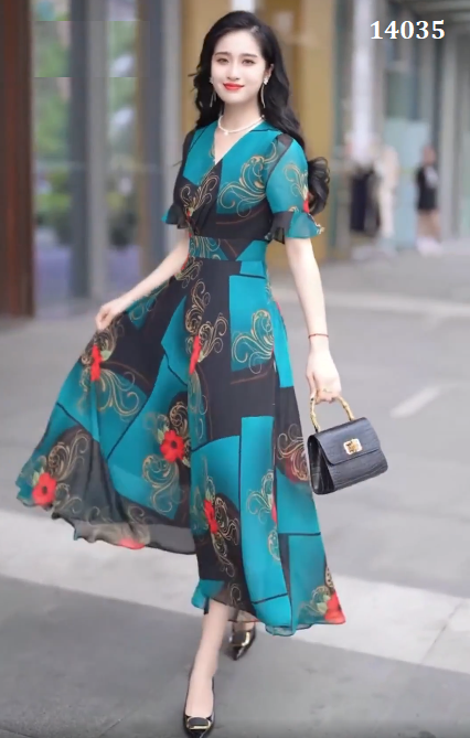 14035-Đầm voan dài cổ tim tay loe in hoa xanh (voan in, lót)FREESHIP_thumbnail_0