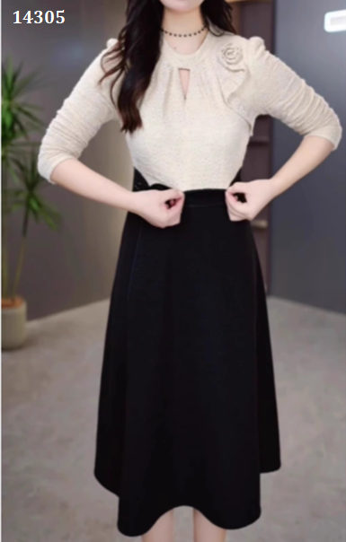 14305-Đầm xòe phối 2 màu vai kết hoa (ren hoa,poly 2 da)_thumbnail_3