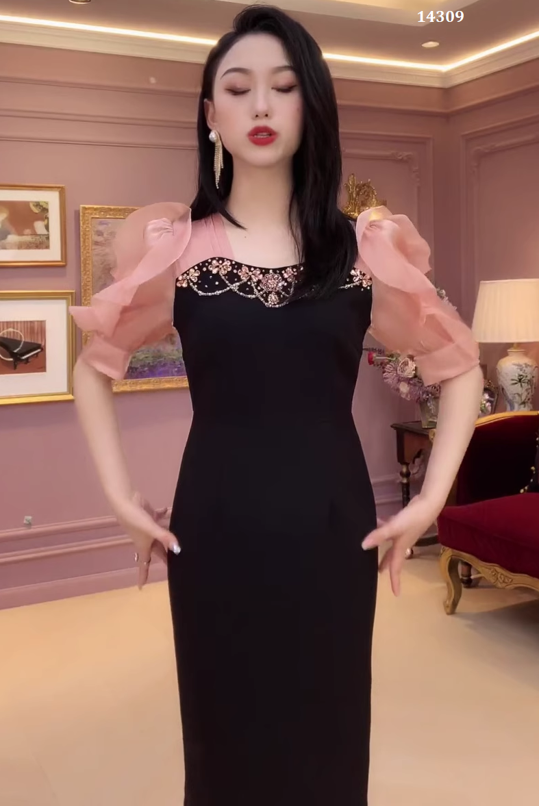 14309-Đầm body suông phối tay voan phồng ( poly, voan tơ)_thumbnail_1