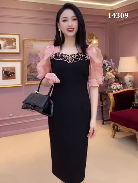 14309-Đầm body suông phối tay voan phồng ( poly, voan tơ)_thumbnail_2