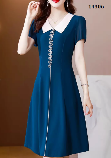 14306-Đầm suông A  màu xanh cổ  bẻ  trắng ( chéo nhật)_thumbnail_0