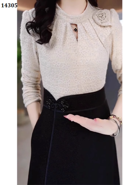 14305-Đầm xòe phối 2 màu vai kết hoa (ren hoa,poly 2 da)_thumbnail_2