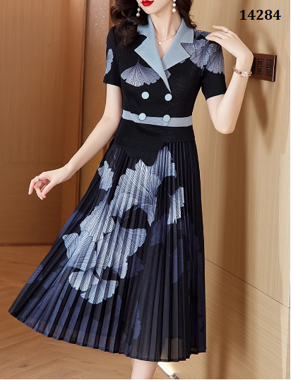 14284-Đầm xòe cổ vest tà dập ly in lá rẻ quạt (voan,lót)_thumbnail_0