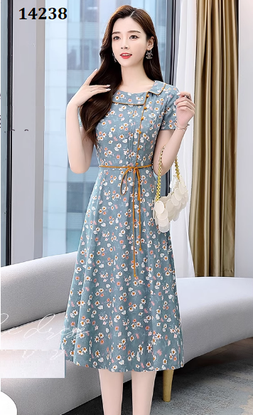 14238-Đầm xòe hoa nhí cổ sen lệch kết nút ( lụa in)_thumbnail_0