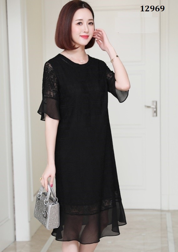 12969-Đầm suông cổ tròn phối tay loe mềm mại ( ren đen phối voan ) _thumbnail_0