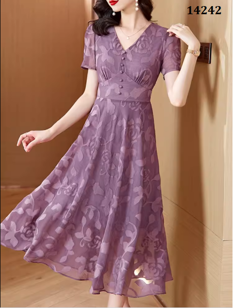 14242-Đầm tím hoa  3D cổ tim kết nút ( voan ép, thun)_thumbnail_0