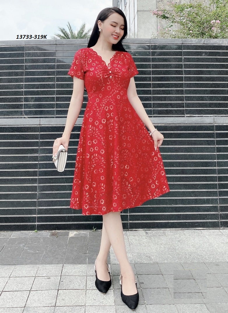 13733-ĐẦM REN CỔ V PHỐI NGỌC (miễn ship) _thumbnail_1