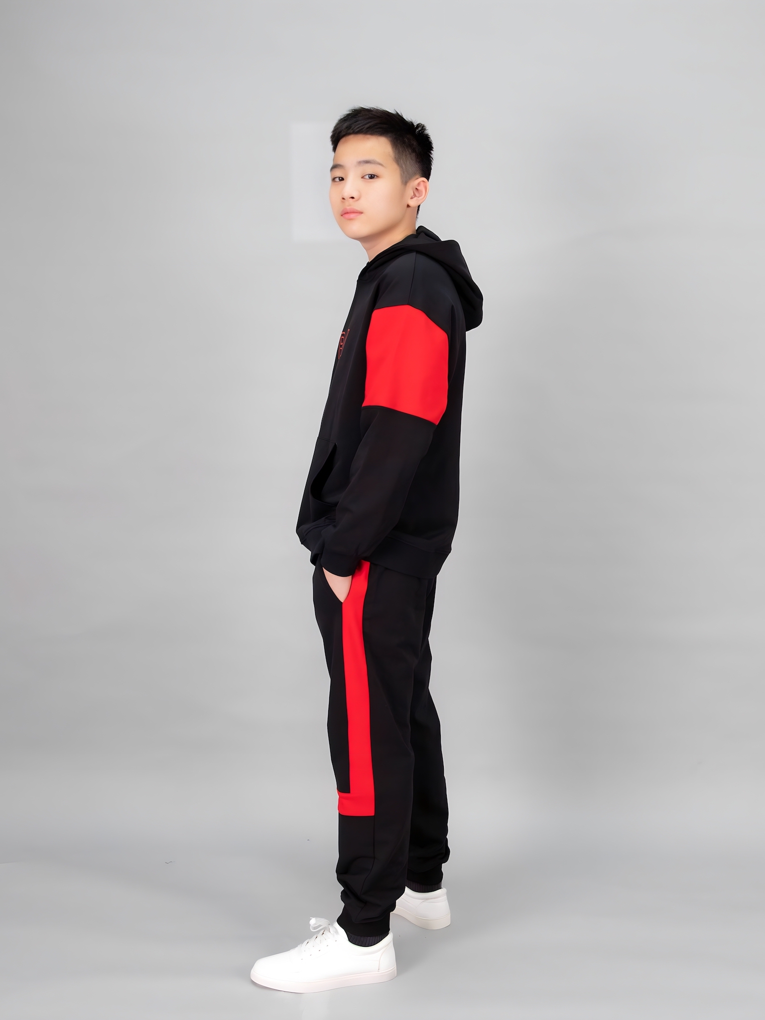 Áo nỉ hoodie đen phối đỏ chữ RAW_thumbnail_1