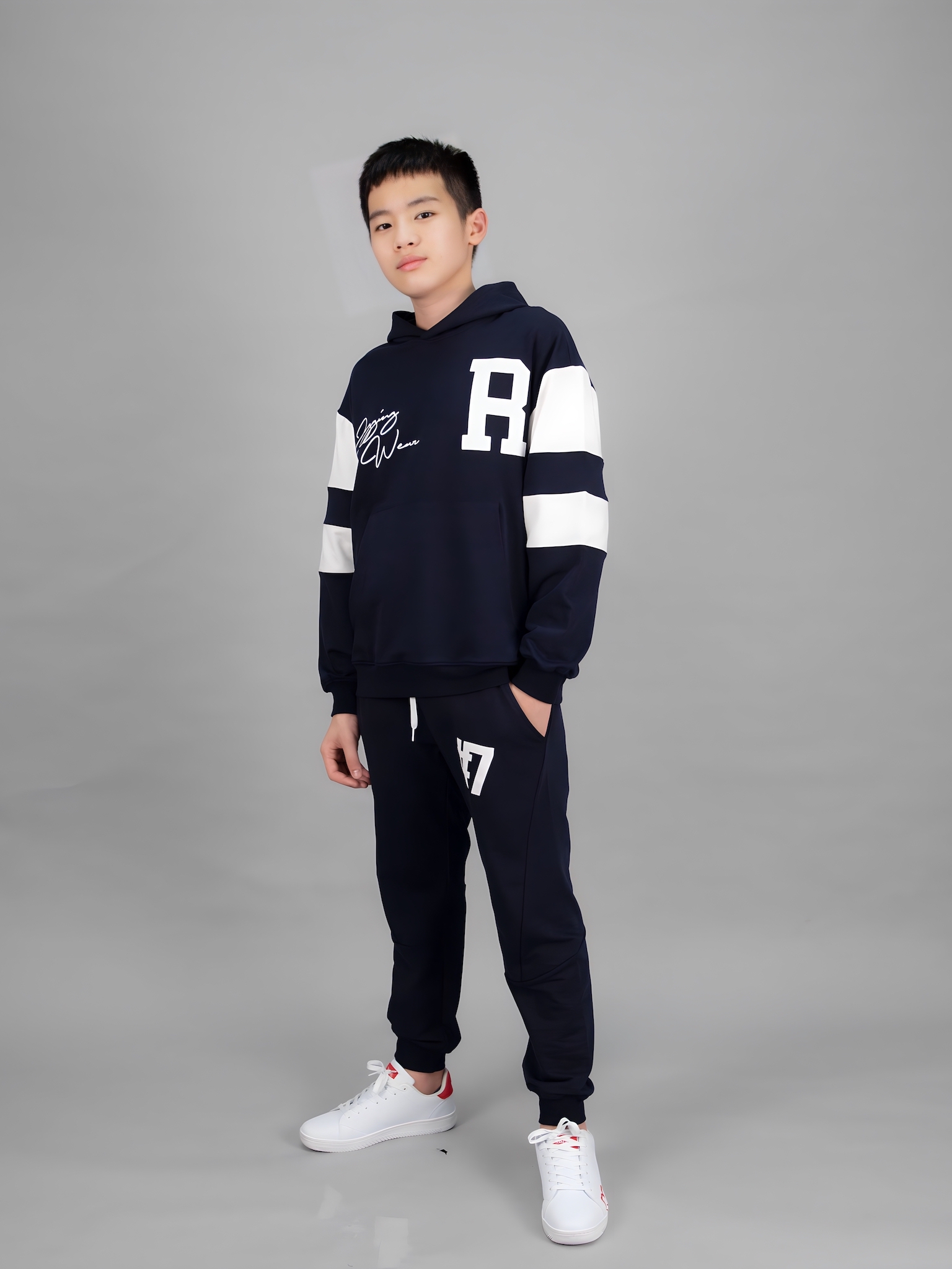 Áo nỉ hoodie navy phối trắng chữ R_thumbnail_0