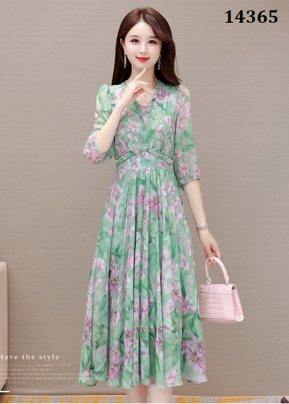 14365-Đầm voan  xanh in hoa cách điệu ( voan, lót)_thumbnail_0