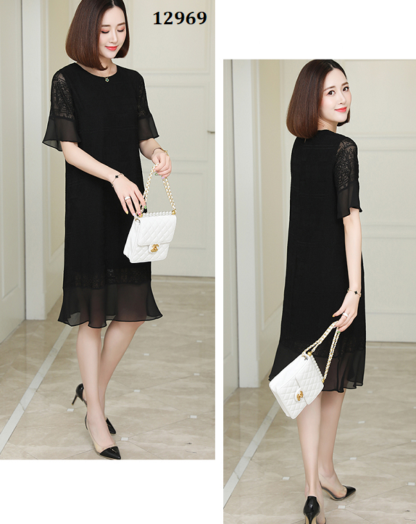 12969-Đầm suông cổ tròn phối tay loe mềm mại ( ren đen phối voan ) _thumbnail_3