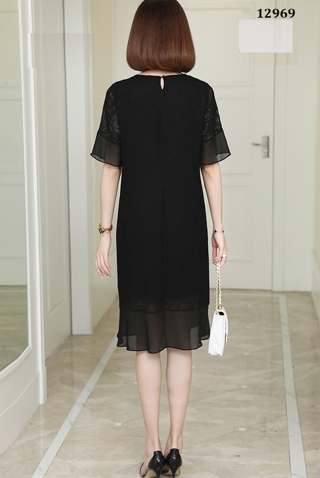 12969-Đầm suông cổ tròn phối tay loe mềm mại ( ren đen phối voan ) _thumbnail_2