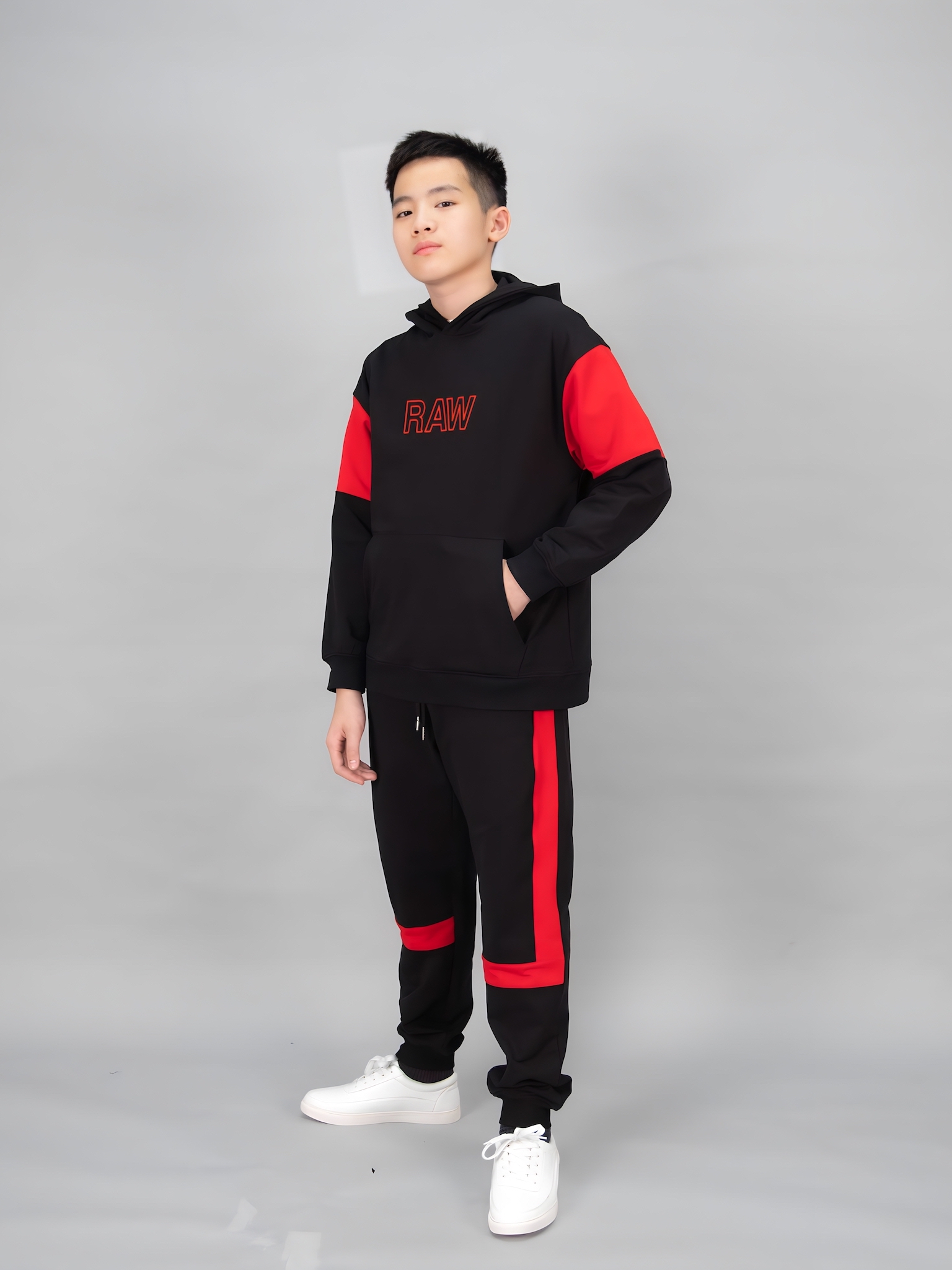 Áo nỉ hoodie đen phối đỏ chữ RAW_thumbnail_0