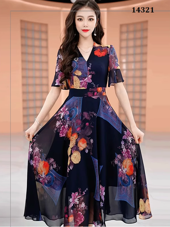 14321-Đầm voan in tay loe cổ tim  ( voan, lót thun)_thumbnail_1