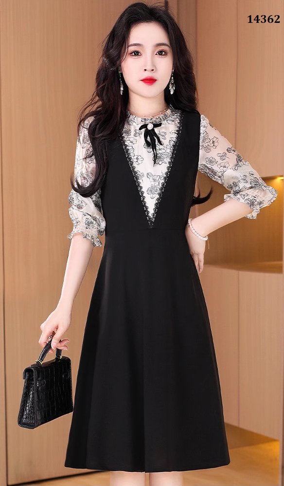 14362-Đầm xòe A phối tay voan trắng in hoa ( poly 2 da, voan in)_thumbnail_1