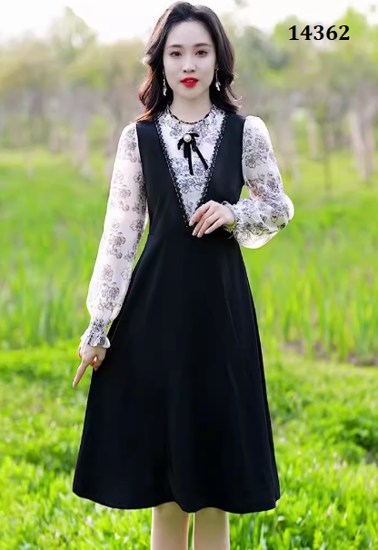 14362-Đầm xòe A phối tay voan trắng in hoa ( poly 2 da, voan in)_thumbnail_0