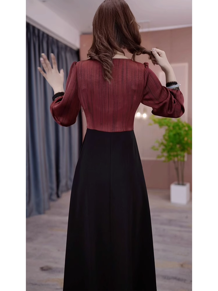 15099-Đầm xoè A tay dài  phối 2  màu đỏ đen cách điệu (lụa mịn, chéo nhật)_thumbnail_1