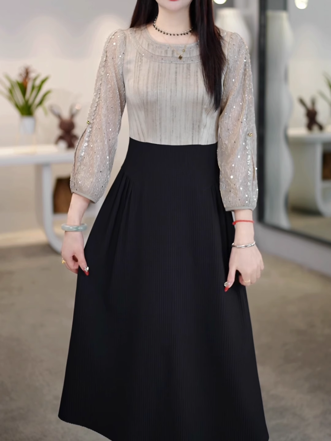 15159-Đầm xòe A phối hai  màu xám đen tay dài  cách điệu ( voan, chéo nhật)_thumbnail_1