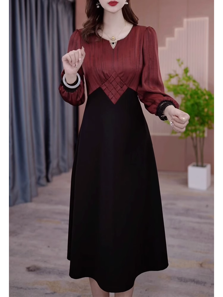 15099-Đầm xoè A tay dài  phối 2  màu đỏ đen cách điệu (lụa mịn, chéo nhật)_thumbnail_0