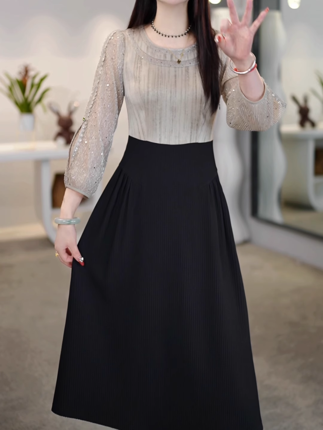 15159-Đầm xòe A phối hai  màu xám đen tay dài  cách điệu ( voan, chéo nhật)_thumbnail_0