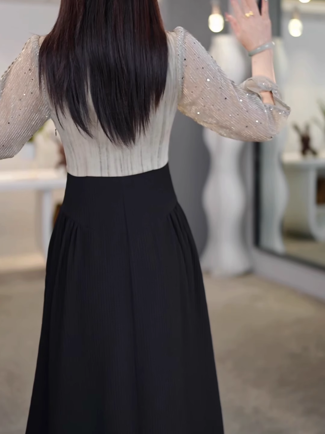 15159-Đầm xòe A phối hai  màu xám đen tay dài  cách điệu ( voan, chéo nhật)_thumbnail_2