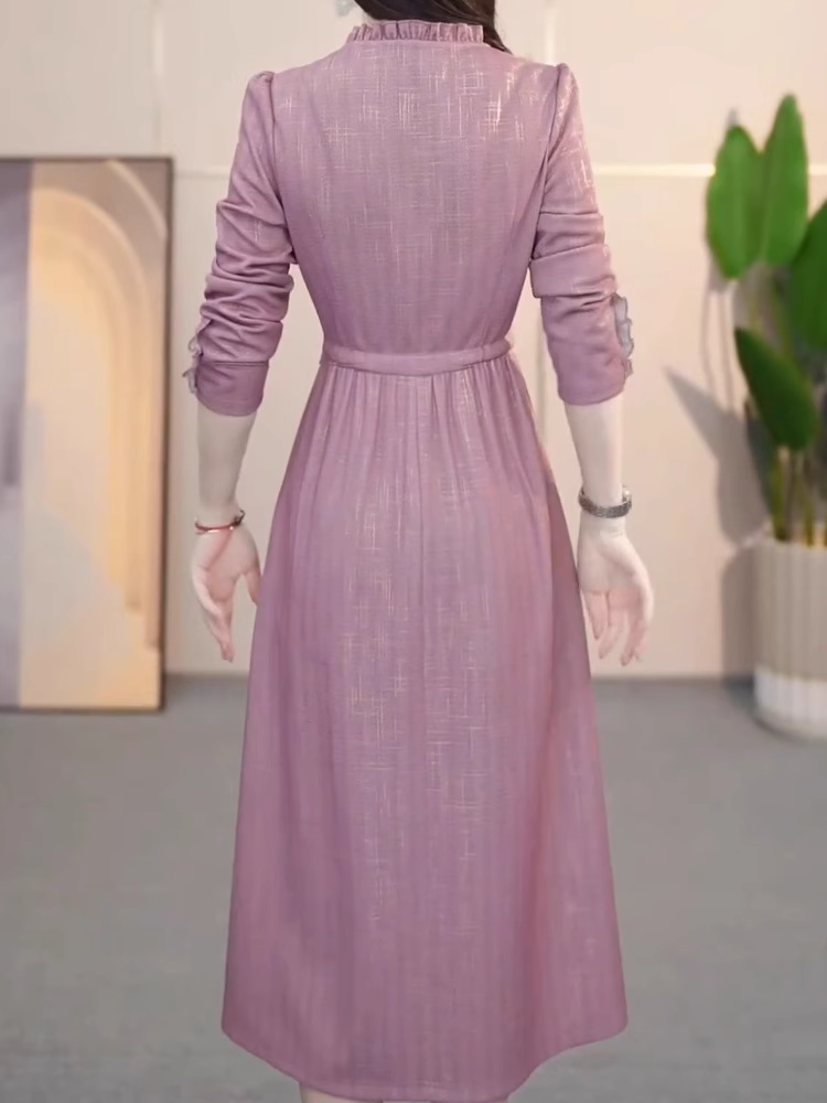 15161-Đầm xòe hồng  nhún viền bèo ngực eo thắt dây rút  (thun lụa)_thumbnail_2