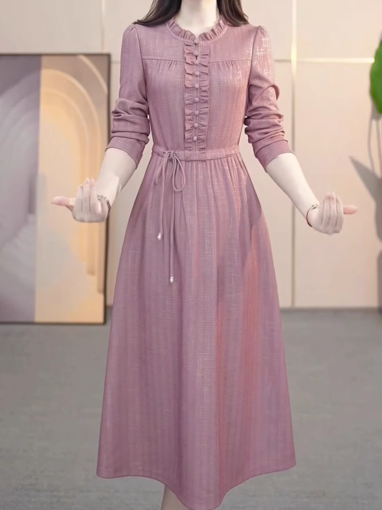 15161-Đầm xòe hồng  nhún viền bèo ngực eo thắt dây rút  (thun lụa)_thumbnail_1