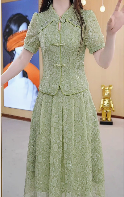 15222-Set áo kèm chân  váy ren xanh lá cổ tàu cách điệu ( voan 3D, lót)_thumbnail_1