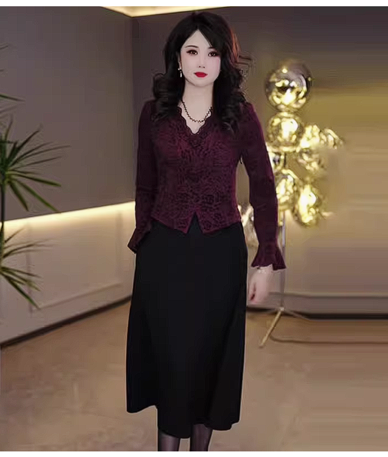 15224-Đầm xoè đen  phối ren đỏ tay dài cách điệu (ren, chéo nhật)_thumbnail_0