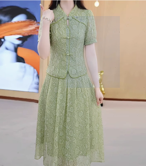 15222-Set áo kèm chân  váy ren xanh lá cổ tàu cách điệu ( voan 3D, lót)_thumbnail_0