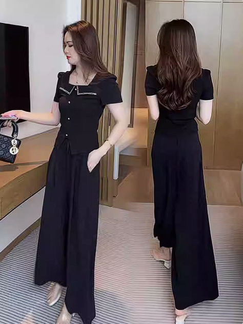 15031-Set bộ áo ngắn tay cổ bẻ viền trắng kèm quần suông ( áo thun tăm, quần đũi)_thumbnail_1