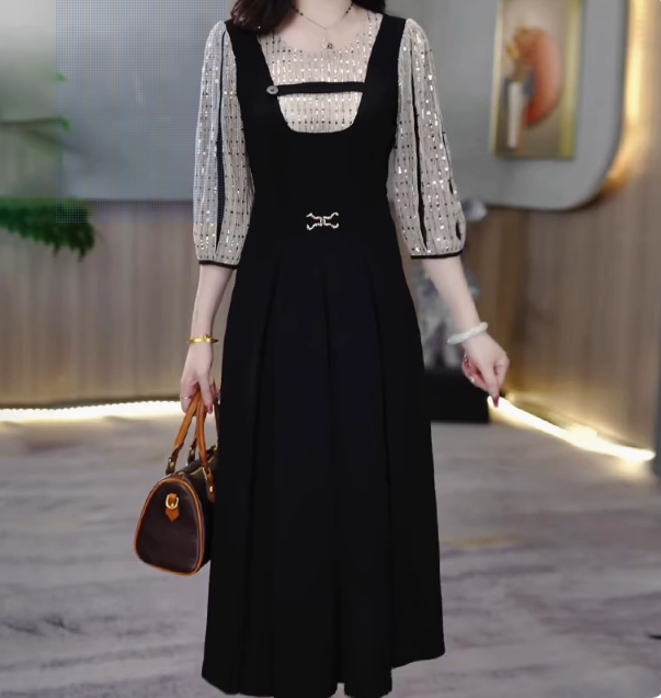 15047-Đầm xoè A phối  tay voan kim sa cách điệu (thun mịn, voan kim sa)_thumbnail_0