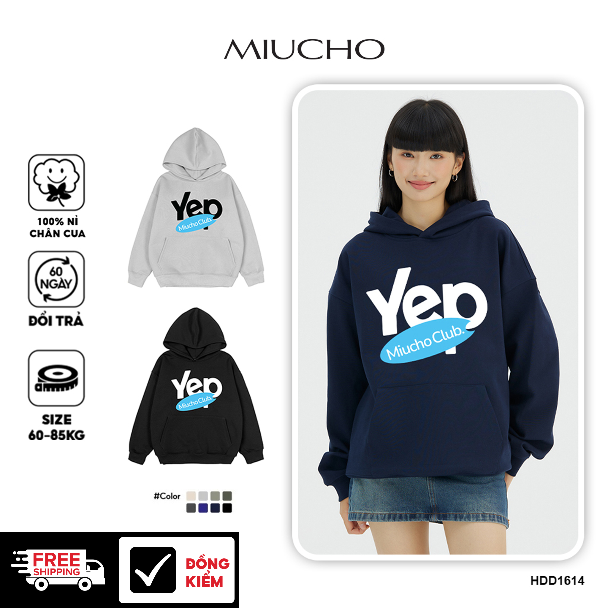 Áo hoodie nữ form rộng local brand HDD1614 Miucho vải nỉ chân cua dày dặn mũ tròn in typography
