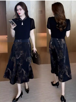 15053-Đầm xòe cổ tàu  giả rời phối hai màu cách điệu (voan, lụa latin)_thumbnail_0