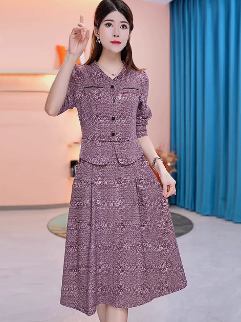 15169-Đầm A xoè  màu tím tay dài  dáng peplum ( linen kẻ)_thumbnail_0