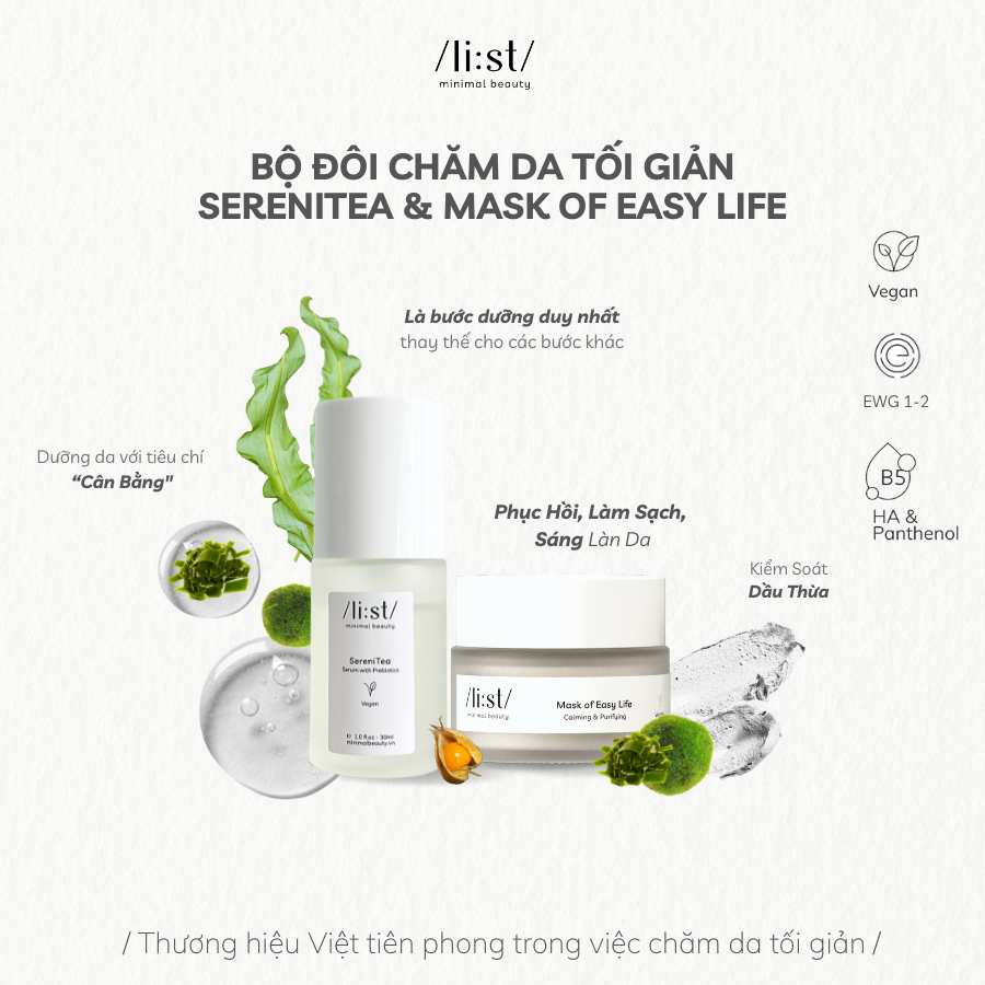 Bộ Đôi Chăm Da Tối Giản List Serum SereniTea 30ml, Mask Of Easy Life 30g