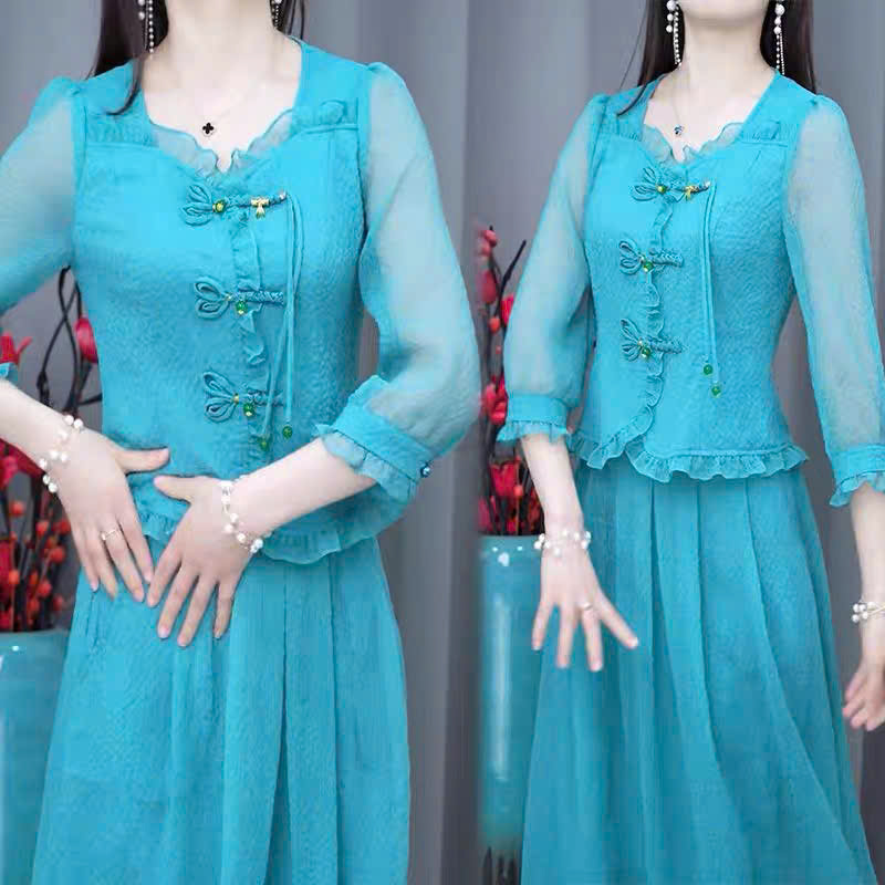 15253-Set áo chân  váy tay dài màu xanh kết nút tàu (voan,lót)_thumbnail_0