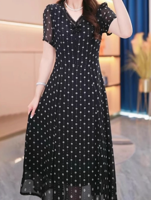 15256-Đầm voan  suông A họa tiết  chấm bi trắng (voan, lót)_thumbnail_0